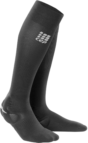 Pair of black knee high CEP ankle support socks with a silicone pad over the malleolus for added protection