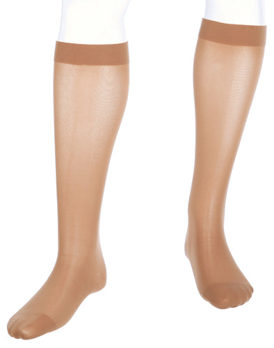 Display showing a pair of Unisex Medi Assure Knee High Compression Stockings | 15-20 mmHg Color Beige