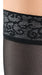 magnified image of the lace silicone top band worn on a womans leg