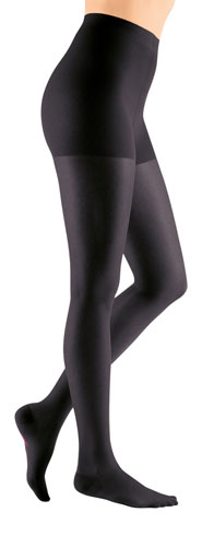 Lady wearing Maternity Sheer and Soft Compression Stockings made by Mediven in the color Ebony