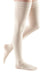 Female wearing her Mediven Comfort Compression Thigh Highs in the color Wheat