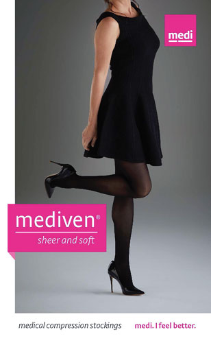a lady wearing a black dress playfully showcasing her mediven sheer and soft thigh-high compression stockings